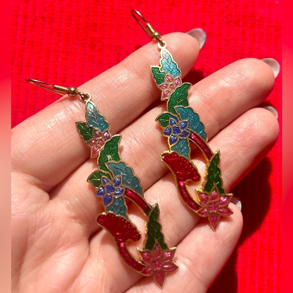 Vintage Cloisonné Enamel Floral Dangle Earrings | 1980s Boho Statement Jewelry